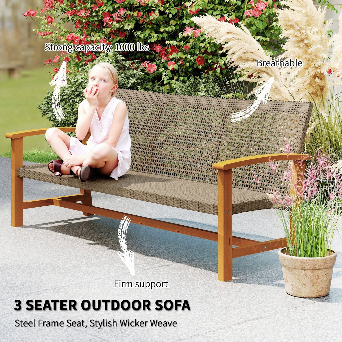 US Local 3-Seat Wicker Outdoor Couch Patio Sofa, Acacia Wood Patio Furniture With Steel Seat Armrests, Capacity, Teak