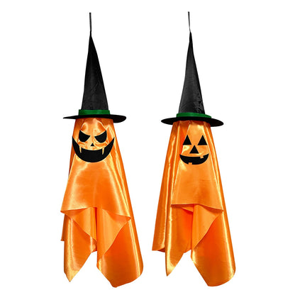 US Local 2 Pcs Hanging Ghosts With Wizard Hat Snicker Scary Face Halloween Party Hanging Decorations Pumpkin Wizard Hat For Eave Tree Porch