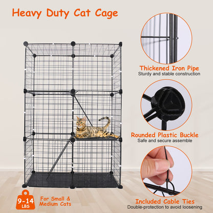 US Local 3 Tier Cat Playpen Cage Metal Indoor Cat House Detachable Kitten House With 3 Doors 2 Ladders Large Cat Exercise Place For 1-2 Cats Black