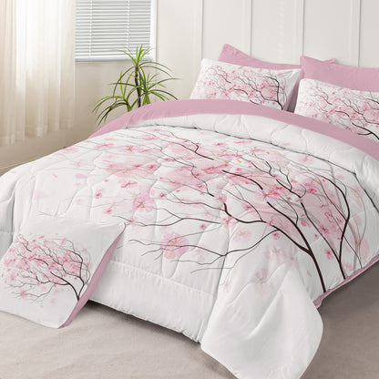 US Local Cherry Blossom Pattern Comforter Set 8PCS Twin Size Soft Bedding Set,1 Comforter,1 Pilow Cover,1 Flat Sheet,1 Fitted Sheet,4 Cushion Cover