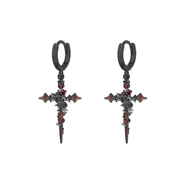 Halloween Cross Thorn Rose Pendant Earrings