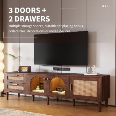 UK Local 180 Cm Brown TV Cabinet For 80-inch TV - With 2 Rattan Drawers, 2 Curved Glass Doors And 1 Rattan Door, LED Lighting, Offers Stylish Storage, TV Board