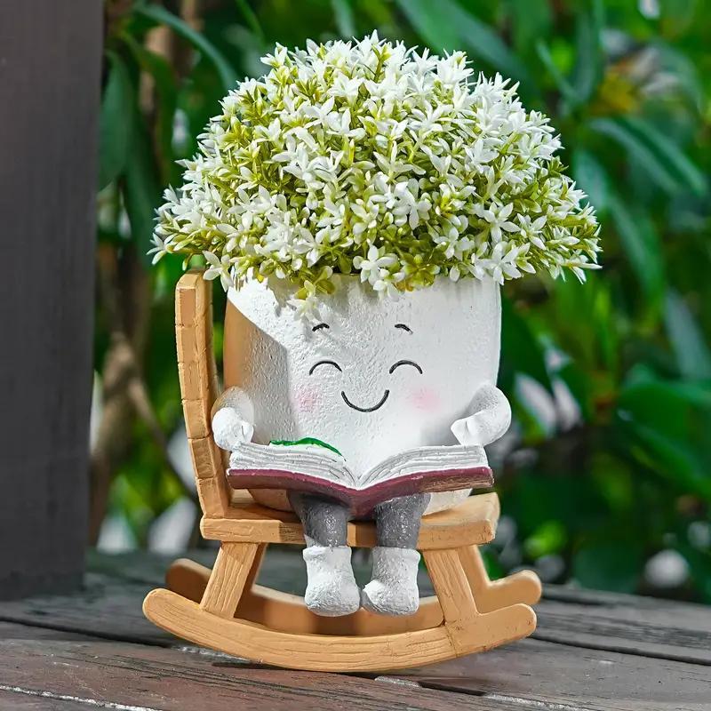 US Local 2 Pieces Of Cute Character Reading Rocking Chair Resin Flower Pots Indoor And Outdoor Plant Decoration Vase Home Flower Gift