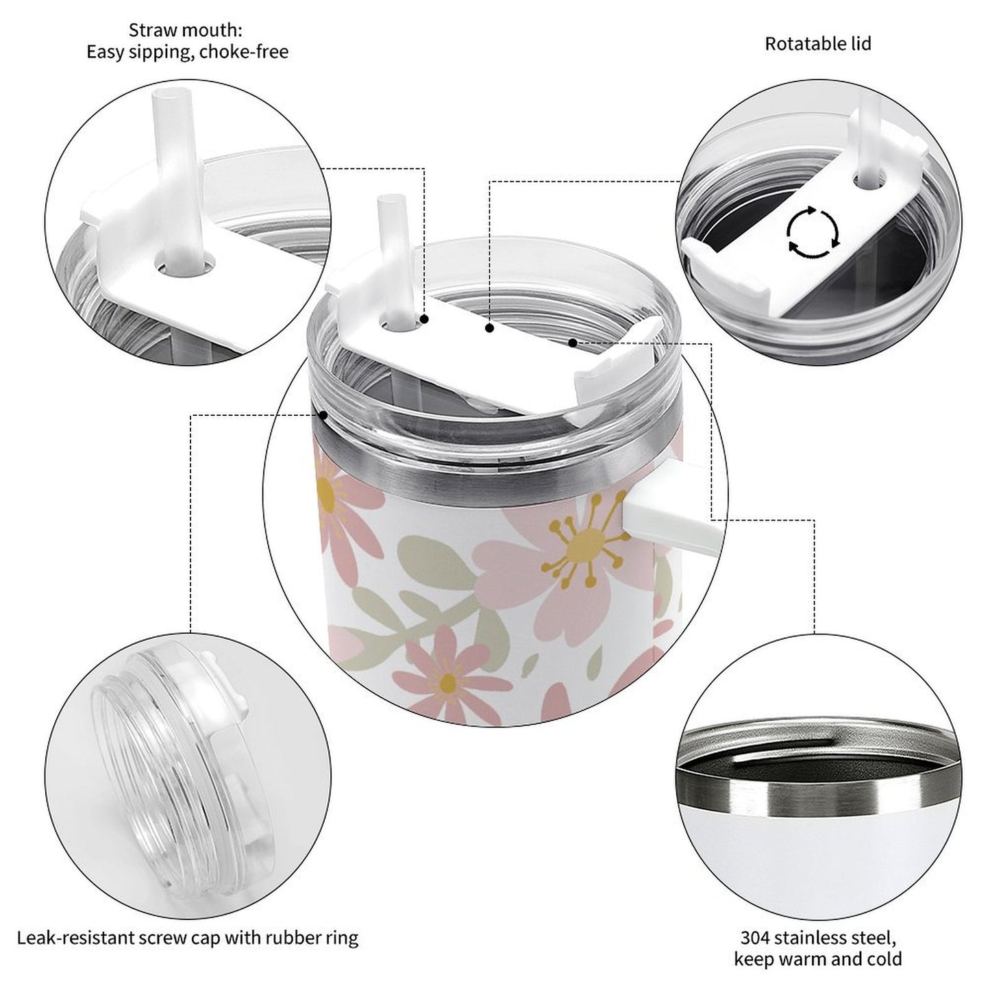 PHDT00110 POD US Local Tumbler 40 oz Large Capacity Car Cup Pink, Flower