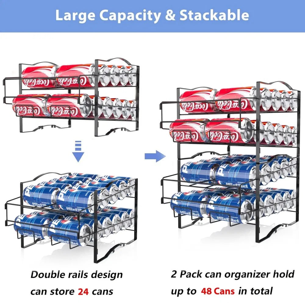 US Local 4 Tiers Can Organizer Rack, 48 Cans Soda Can Dispenser Organizer For Refrigerator, Set Of 2 Stackable Beverage Dispenser Rack