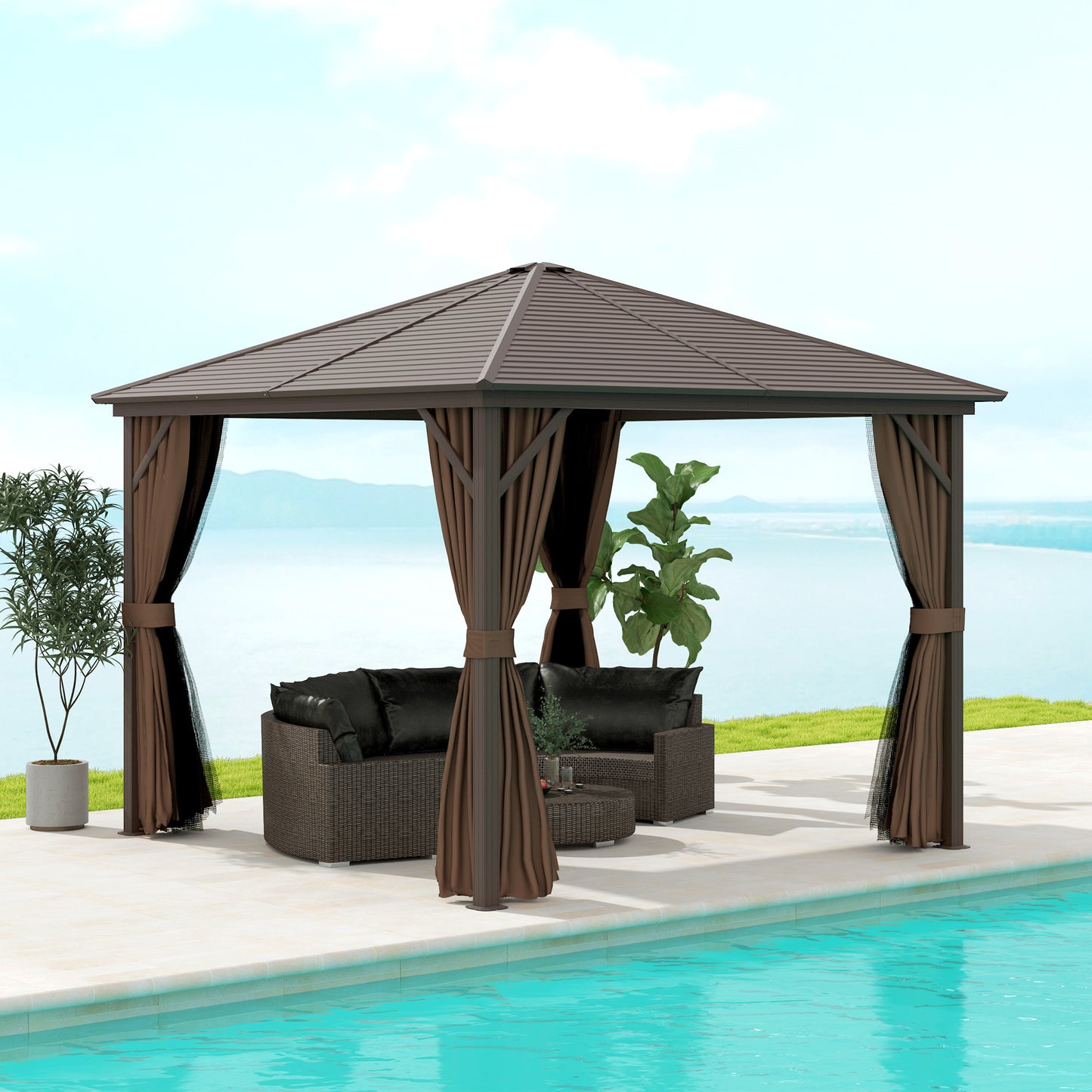 US Local 10x10 Hardtop Gazebo Canopy, Permanent Pavilion With Hook, Curtains, Aluminum Frame For Patio, Garden, Dark Brown