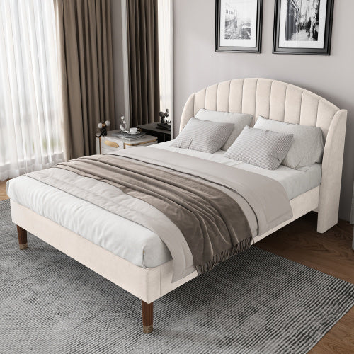 UK Local Upholstered Bed,Double Bed-4ft6 135x190cm,with Slatted Frame And Headboard, Youth Bed, Wooden Slatted Support, Easy Assembly, Velvet, Beige