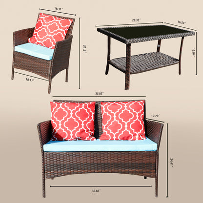 US Local New Design High Quality Four-Piece Sofa Set Table With Sofa Chair PE Rattan Outdoor Furniture W3152P269438 Box 1 With Emerald Green Color Cushion