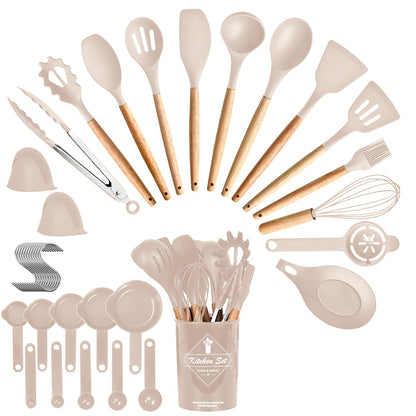 US Local 4 Colors Options -- Set Of 35Pcs Kitchen Cooking Utensils Set Spatula Set Baking Utensil Set Kitchen Accessories Necessities With Holder Egg Whisk Separator Tong Turner Spoons Cups