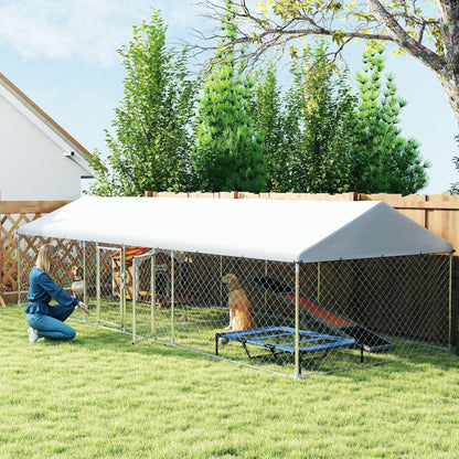 US Local Two Room Outdoor Dog Kennel, Dog Run With Roof, Waterproof UV-Resistant Cover, Secure Lock, 19.7 X 7.5 X 5.2