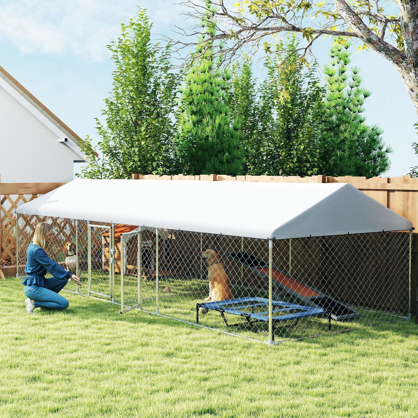 US Local Two Room Outdoor Dog Kennel, Dog Run With Roof, Waterproof UV-Resistant Cover, Secure Lock, 19.7 X 7.5 X 5.2