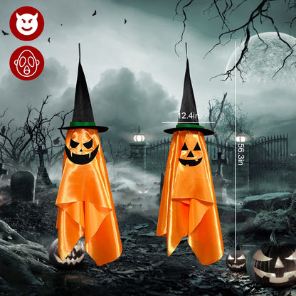 US Local 2 Pcs Hanging Ghosts With Wizard Hat Snicker Scary Face Halloween Party Hanging Decorations Pumpkin Wizard Hat For Eave Tree Porch