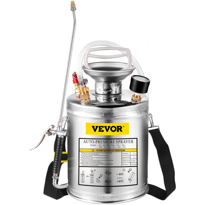 US Local VEVOR 1Gal Stainless Steel, Set With 12Wand  Handle  3FT Reinforced Hose, Hand Pump Sprayer With Pressure Gauge&Safety Valve, Adjustable Nozzle Suitable For Gardening And Sanitizing, Silver