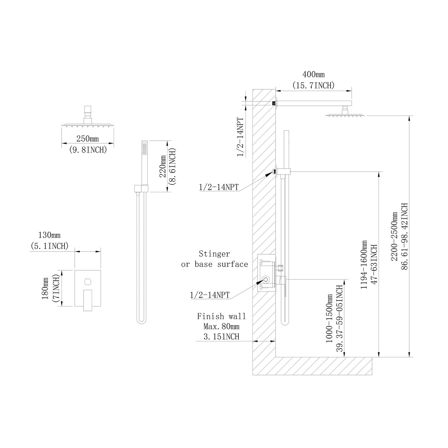 US Local 10 Inch Showerhead Bathroom Luxury Rain Shower Hybrid Shower Complete Combination Set Wall Mounted