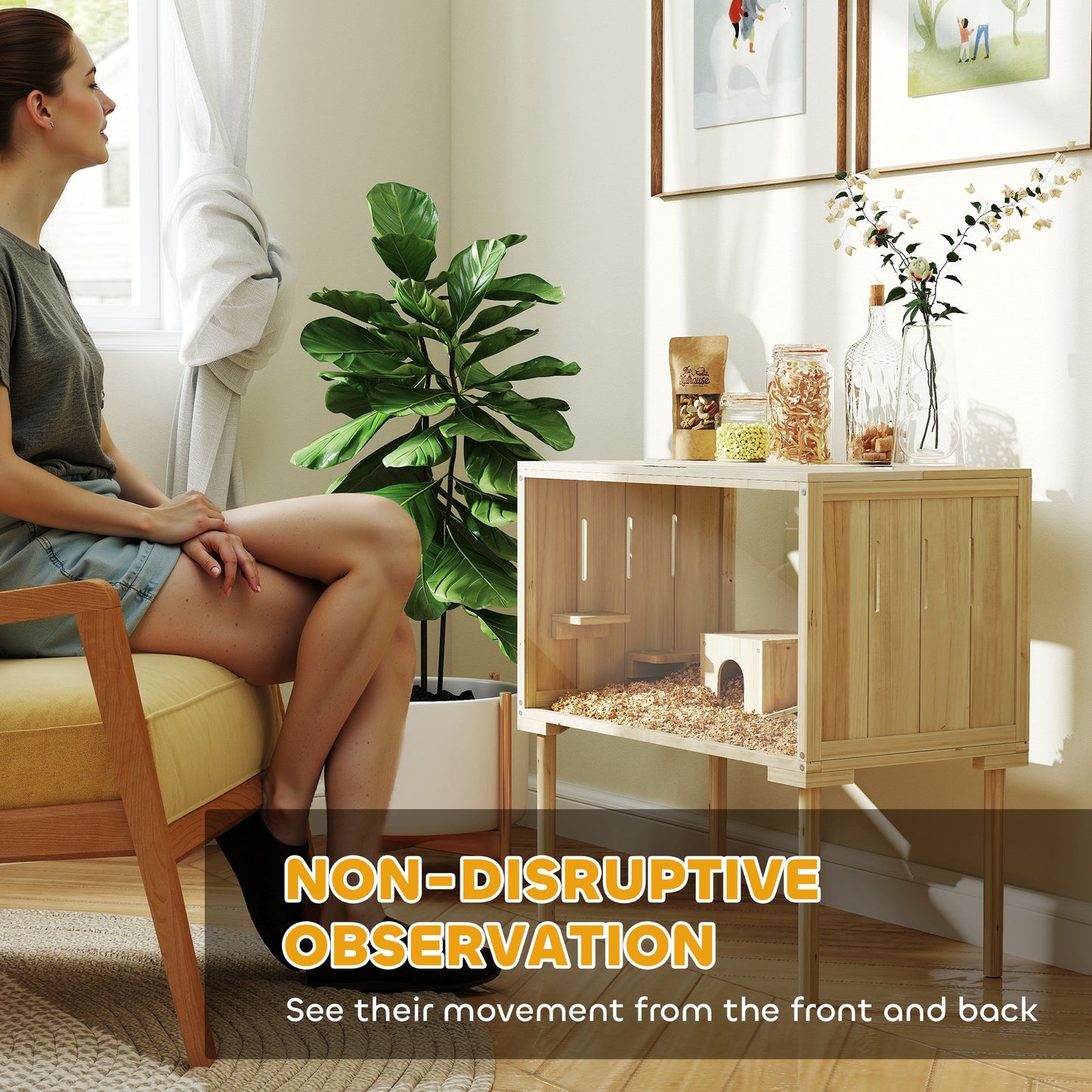 US Local Wooden Hamster Cage With Legs, Gerbil Cage For Syrian, Dwarf, Mouse, 28 X 16 X 29.5, Nature Wood