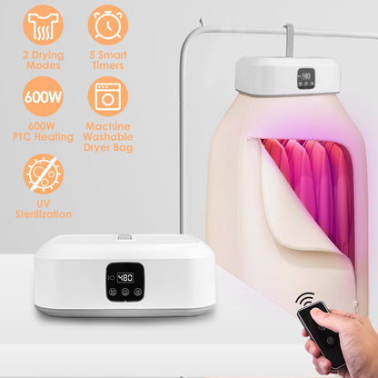 US Local 1Pc Portable Clothes Dryer Mini Dryer Foldable Dryer Machine With Timer UV Sterilization 2 Drying Modes Remote Control For Apartment Dorm RV Travel Home