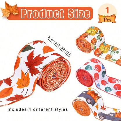 US Local 4 Rolls 20 Yards Thanksgiving Day Fall Autumn Wired Edge Ribbon Pumpkin Leaves Wired Ribbon Gingham Ribbon For Thanksgiving Decorations Party Gift Wrapping Craft DIY Project