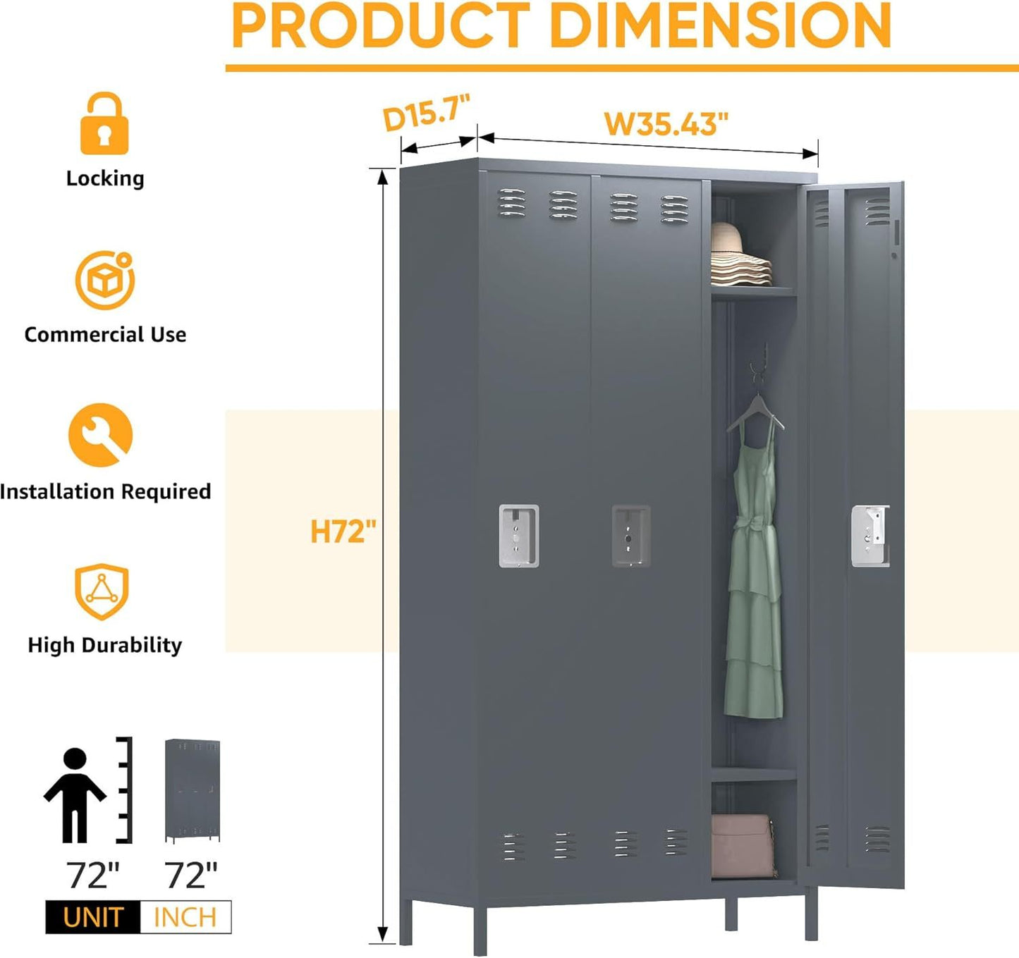 US Local 15 Doors Metal Lockers For Employees For Offices School Gyms Home,Assembly Required,Dark Gray