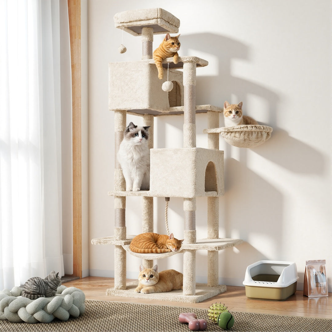 US Local 66 Inch Cat Tree Tower, Large Multi-Cat Climbing Extended Platform, Hammock, Pet House For Indoor Cats And Kittens Play