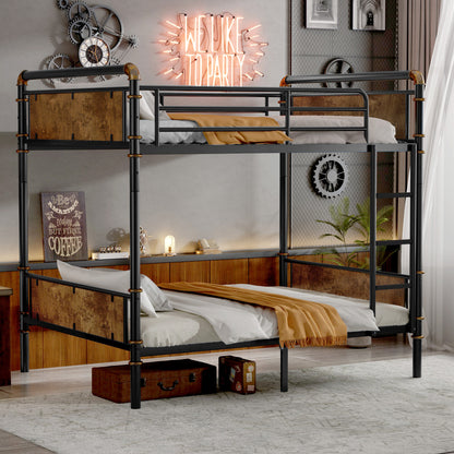US Loccal Double Bed Plus Double Bed Plus Metal Bunk Bed, Industrial Grade Detachable Bunk Bed With Safety Railing, Suitable For Teenagers, Black