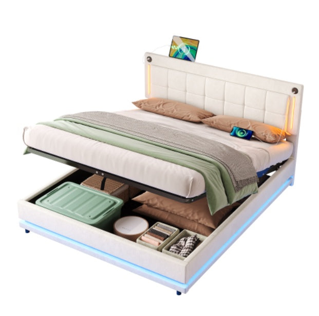UK Local 5ft King LED Hydraulic Bed With Charging Station, Adjustable Square Tufted Headboard With Intelligent Control Light, Soft Velvet Bed Frame With USB And Type - C Ports, Beige