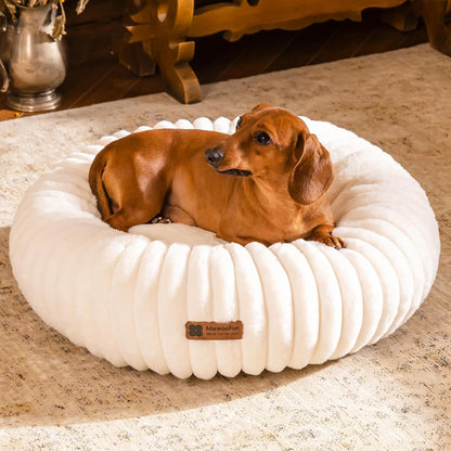 MEWOOFUN Donut Dog Bed For Small Dogs - Calming Round Fluffy Pet Bed With Non-Slip Bottom, Washable Puppy & Kitten Bed 25x25x7 Inch, Cream