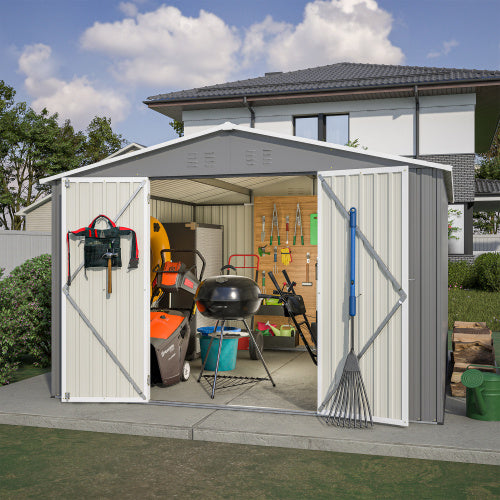 US Local 10 X 10 FT Outdoor Storage Shed, Large Metal Tool Sheds With Updated Frame Structure And Lockable Doors, Garden Shed For Backyard Garden Patio Lawn, Grey