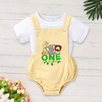 US Local Infant Baby Boy Gentleman Outfit Summer Short Sleeve Crew Neck T Shirt First Birthday Suspender Romper Jumpsuit Set