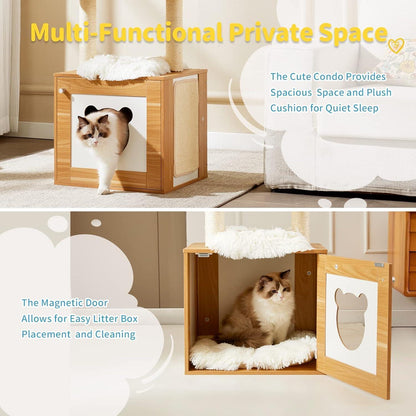 US Local Solid Wood Cat Tree And Tower With Litter Box, Cat Scratching Board And Hammock For Indoor Large Cats