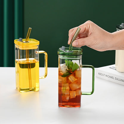US Local 1 Pcs Green Glass Straw Cup, 6 Colors Square Glass Cup With Straw And Lid, High Borosilicate Glass Cup, Milk Cup, Juice Cup, Cold Drink Cup, Coffee Cup, Tea Cup, Office Cup, Gift Cup
