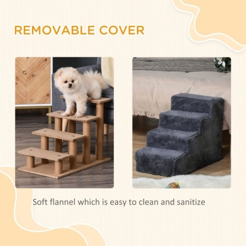 UK Local PawHut Four-Step Dog Stairs, With Washable Plush Cover, For High Bed Sofa, Dog Stairs For Small Dog And Cat - Dark Grey