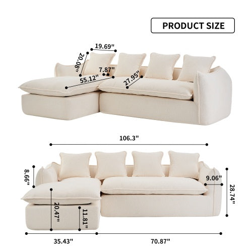 US Local VIDEO Provided Sofa Deep Seat Sofa 3 Seater For Living Room Oversized Comfy Sofa L-Shape Sofa Couch With Chaise Home Furniture Sleeper Sectional Sofa For Apartment, Office Left Hand Facing