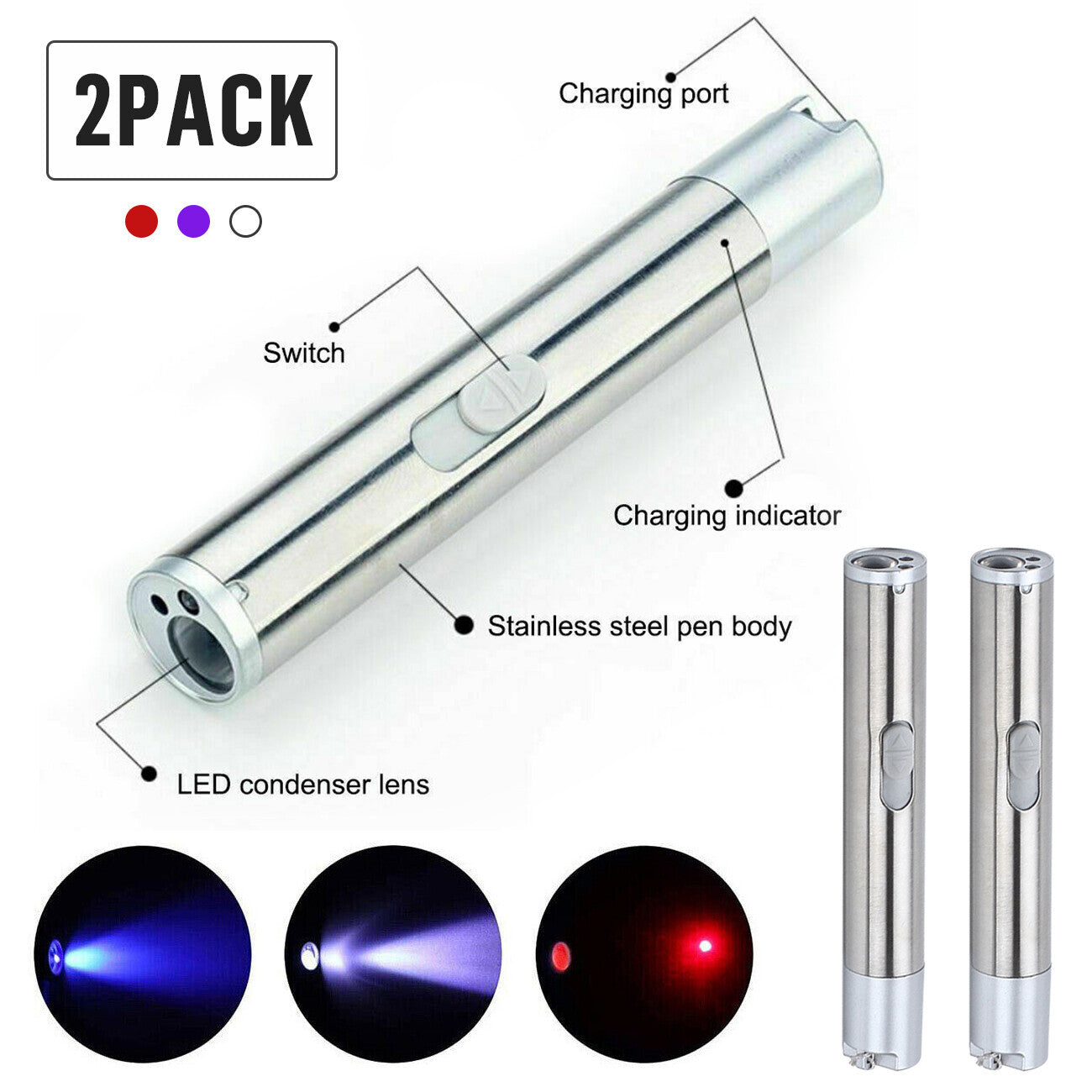 US Local Red Laser Pointer Pen USB Rechargeable LED Light 3 In 1 UV Flashlight 2pcs Cat Dog Toys