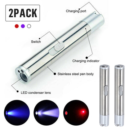 US Local Red Laser Pointer Pen USB Rechargeable LED Light 3 In 1 UV Flashlight 2pcs Cat Dog Toys