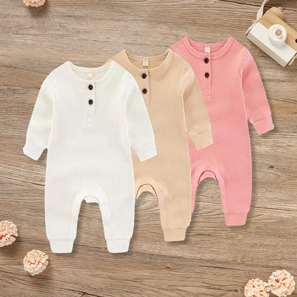 US Local 3-Pack Newborns Infants Baby Boys & Girls Long Sleeve Ribbed Romper Soft Button Front Jumpsuit