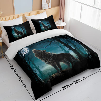 US Local Moon Wolf Bedding Green Watercolor Forest Wolf Landscape Duvet Cover Sets 3 Pieces Wild Animal Bedding Set Twin Full Queen King Size