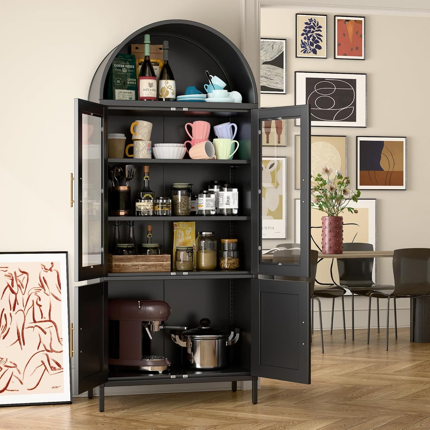 US Local Arched Kitchen Pantry Storage Cabinet With Doors Shelves, Black Arched Bookcase Display Cabinet For Home Office Bar Living Room, Assemble Require