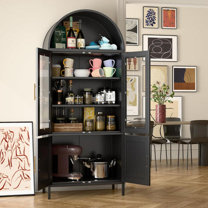 US Local Arched Kitchen Pantry Storage Cabinet With Doors Shelves, Black Arched Bookcase Display Cabinet For Home Office Bar Living Room, Assemble Require