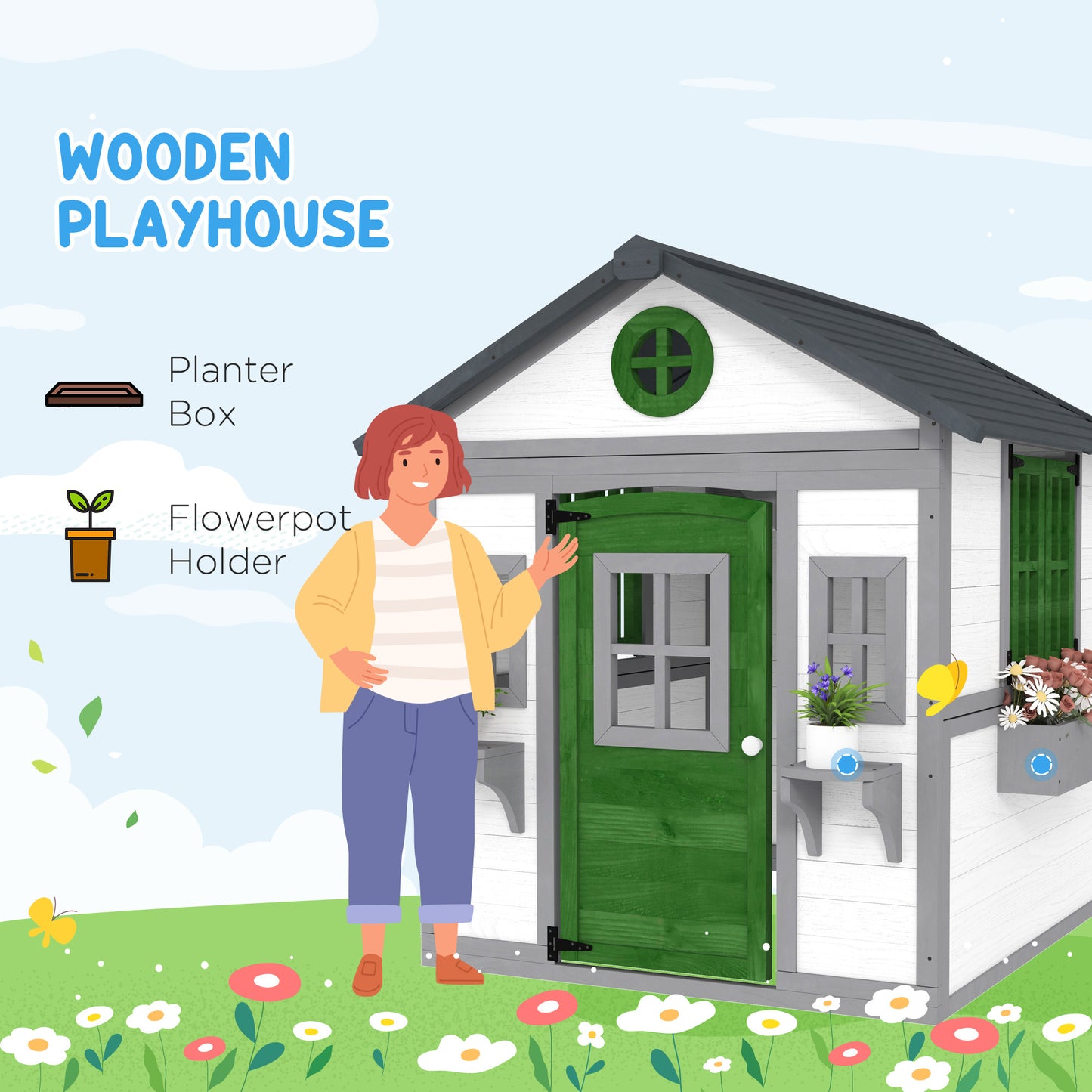 US Local Wooden Playhouse For Kids Outdoor With Doors, Windows, Planter Pots And Boxes For Toddlers 3-8 Years, White