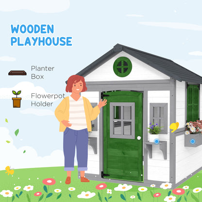 US Local Wooden Playhouse For Kids Outdoor With Doors, Windows, Planter Pots And Boxes For Toddlers 3-8 Years, White