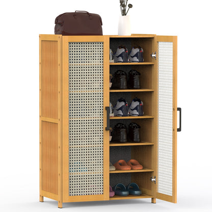 US Local 1Pc 6Tier Shoe Cabinet With Bamboo Shoe Rack Freestanding Shoe Organizer With 2 Hollow Doors And Handles 154lbs Max Load For Closet Hallway Living Room