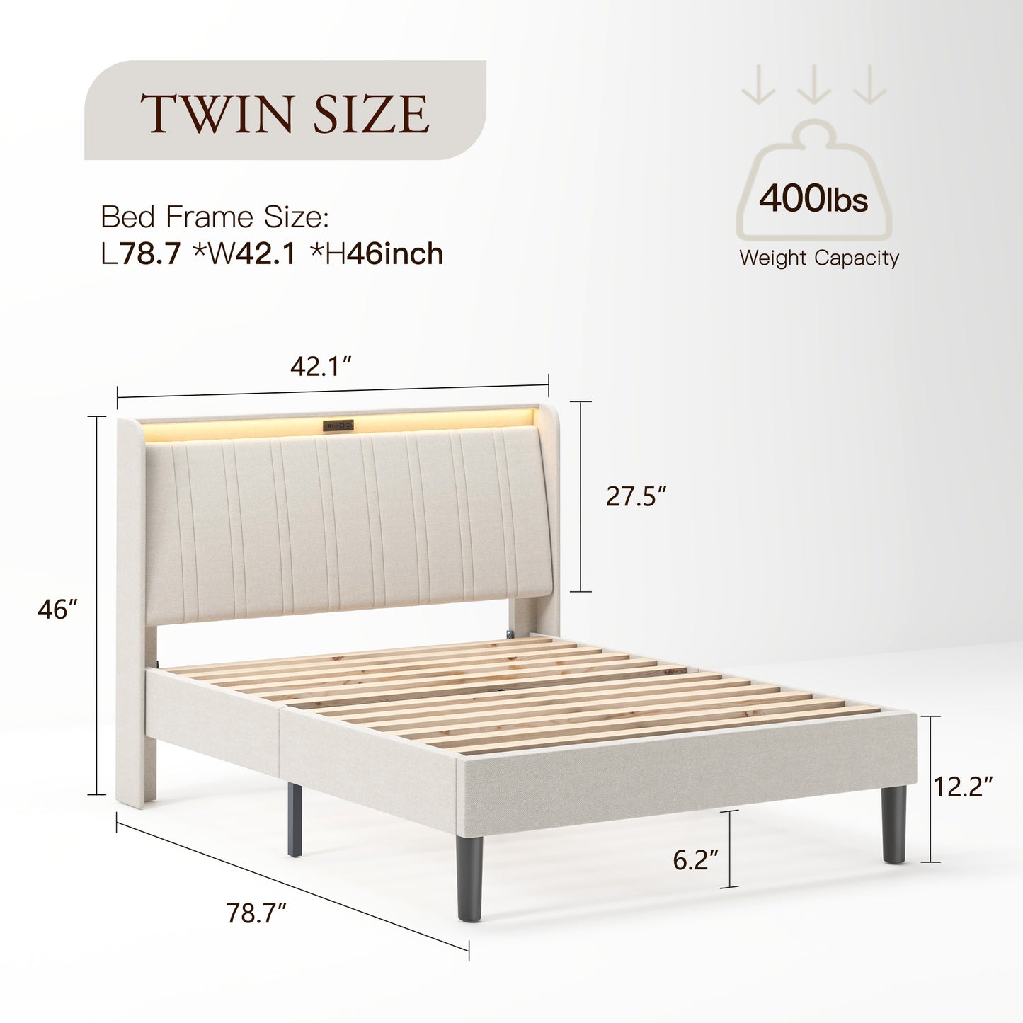 US Local Platform Bed Frame With Fabric Upholstered Headboard And Wooden Slats Support, Fully Upholstered Mattress