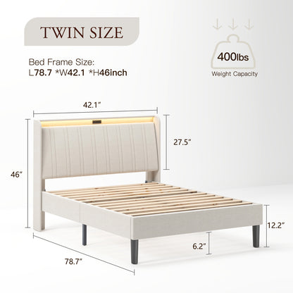 US Local Platform Bed Frame With Fabric Upholstered Headboard And Wooden Slats Support, Fully Upholstered Mattress