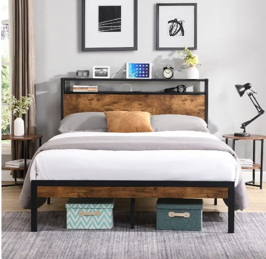 US Local Queen Size Metal Platform Bed Frame With Wooden Headboard And Footboard With USB LINER