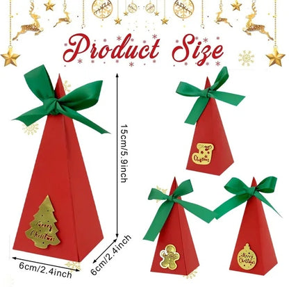US Local 20PCS Christmas Candy Boxes 4 Styles Christmas Treat Gift Boxes Cute DIY Paper Box With Ribbon Triangle Sweet Boxes For Birthday Christmas Party Supplies