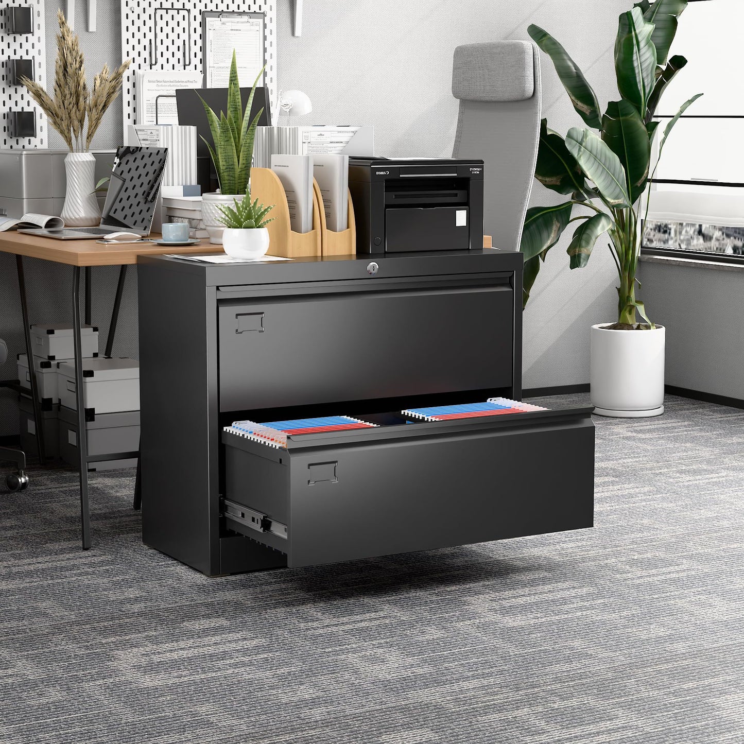 US Local Metal Lateral Filing Cabinet With 2 Drawers For Home Office, Locking Steel Wide File Storage Cabinet For Hanging Legal,Letter A4 Size, Assembly Required, Black