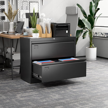 US Local Metal Lateral Filing Cabinet With 2 Drawers For Home Office, Locking Steel Wide File Storage Cabinet For Hanging Legal,Letter A4 Size, Assembly Required, Black