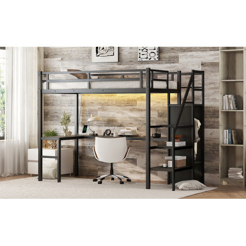 US Local Twin XL Size Loft Bed With L-shaped Desk And USB, Metal Loft Bed With Wardrobe And Adjustable Shelf, High Loft Bed With LED For Kids Teens Adults, Black