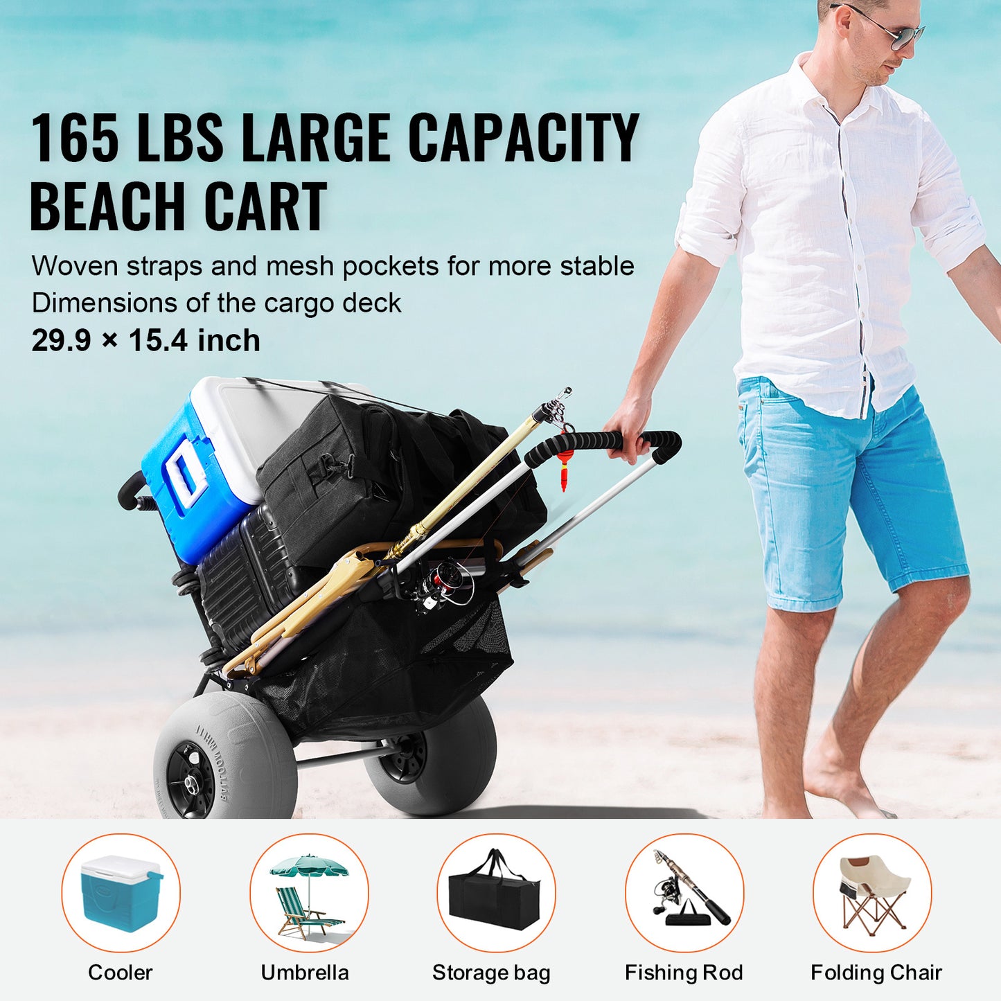 VEVOR Beach Dolly With Big Wheels For Sand, 29.9 X 15.4Cargo Deck, W12Balloon Wheels, 165LBS Loading Capacity Folding Sand Cart  27 To 44.7 Adjustable Height, Heavy Duty Cart For Beach