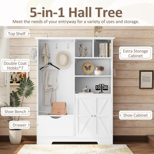 US Local Multi-functional Hall Tree With Storage Shelves Drawers And Cabinet, Elegant Hallway Shoe Cabinet With Bench, Modern Coat Rack With Hooks For Hallway Entryways